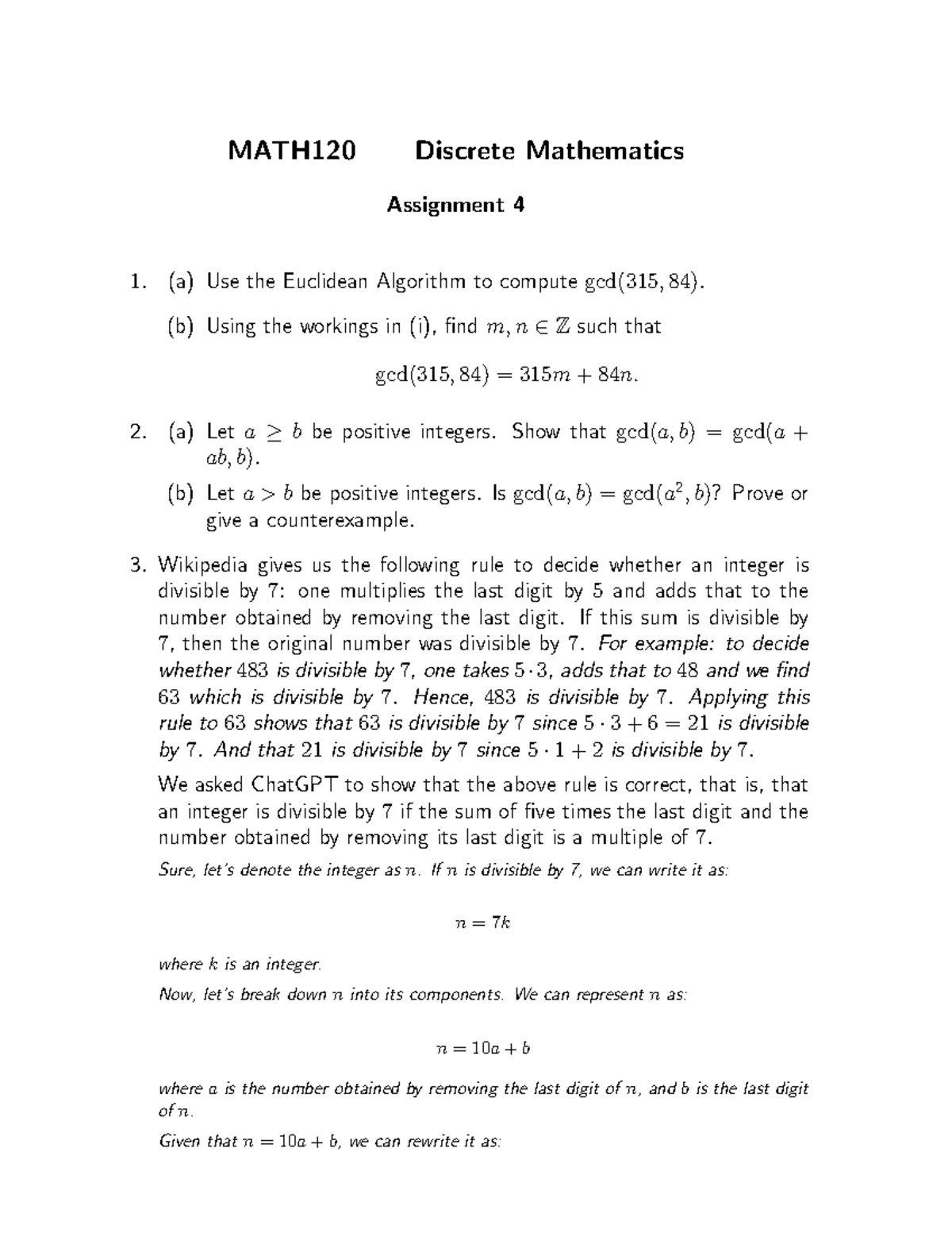 MATH120 Discrete Mathematics Assignment 4: GCD and Divisibility Rules ...