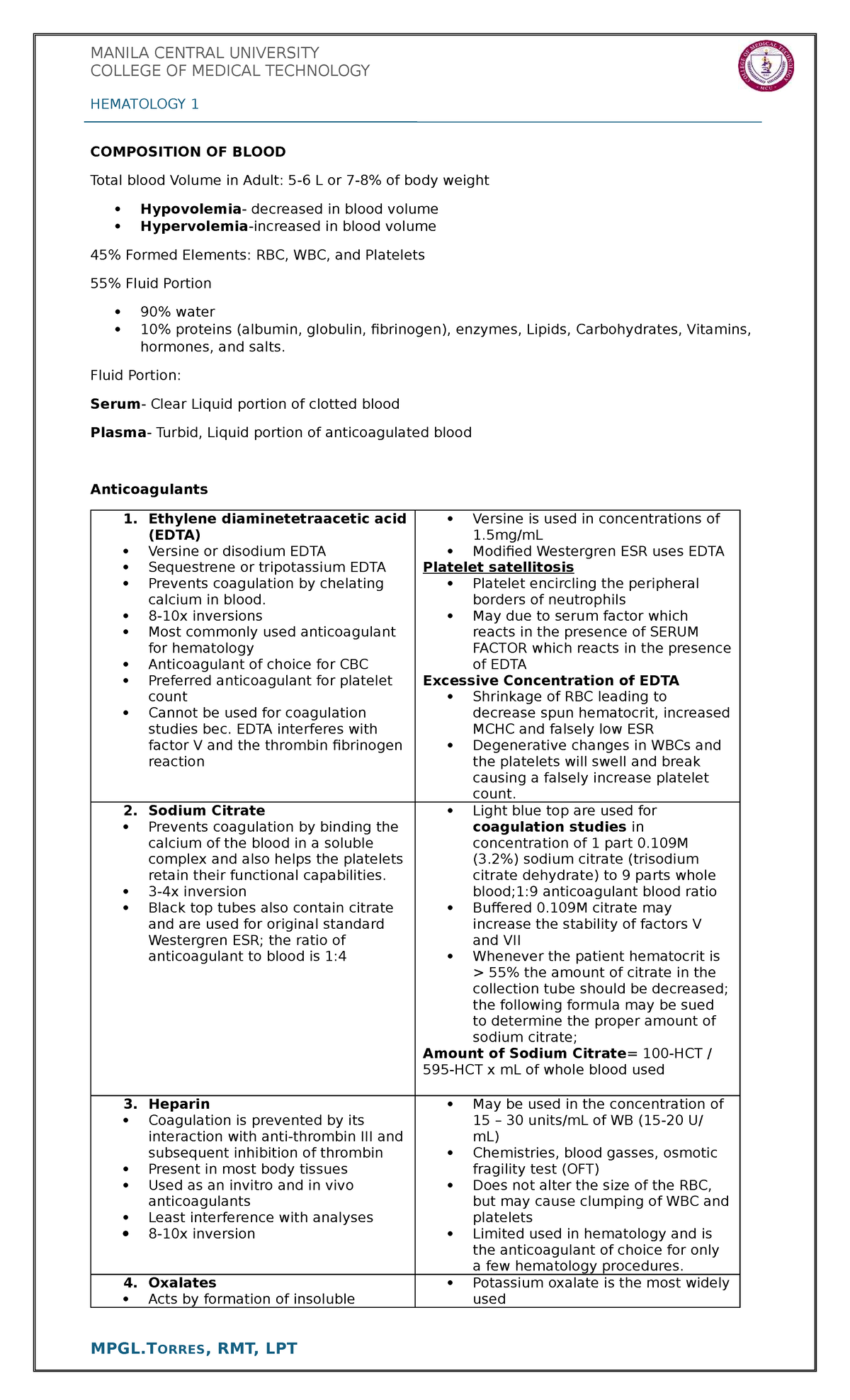 Hematology 1: Composition of Blood and Anticoagulants Overview - Studocu