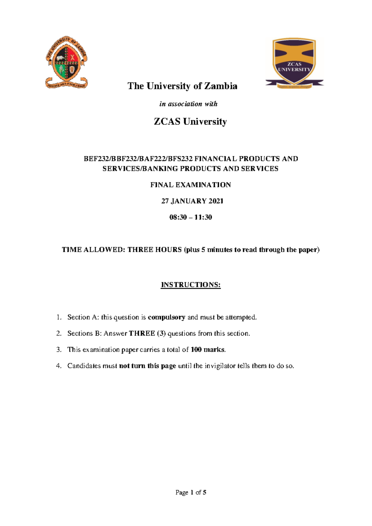 BFS232 Financial Products and Services Final Exam - January 2021 - Studocu