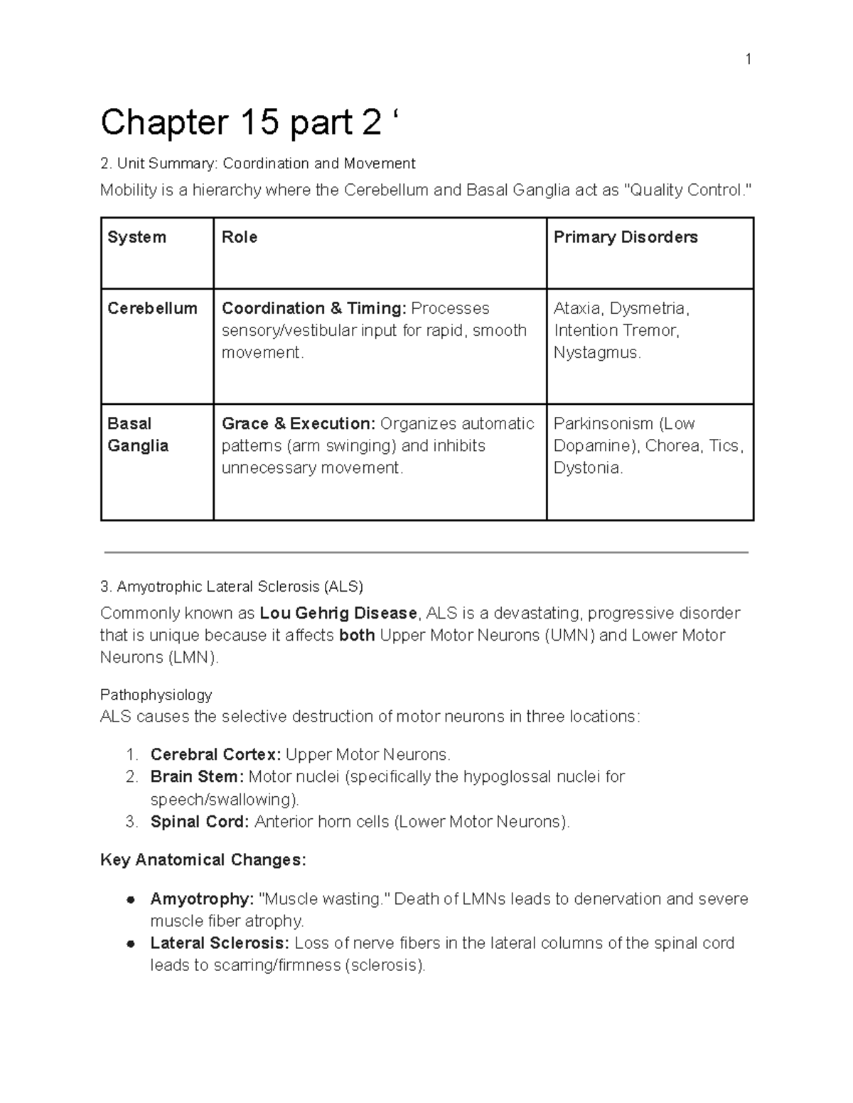 Chapter 15: Coordination, Movement, and ALS Overview (Unit Summary ...