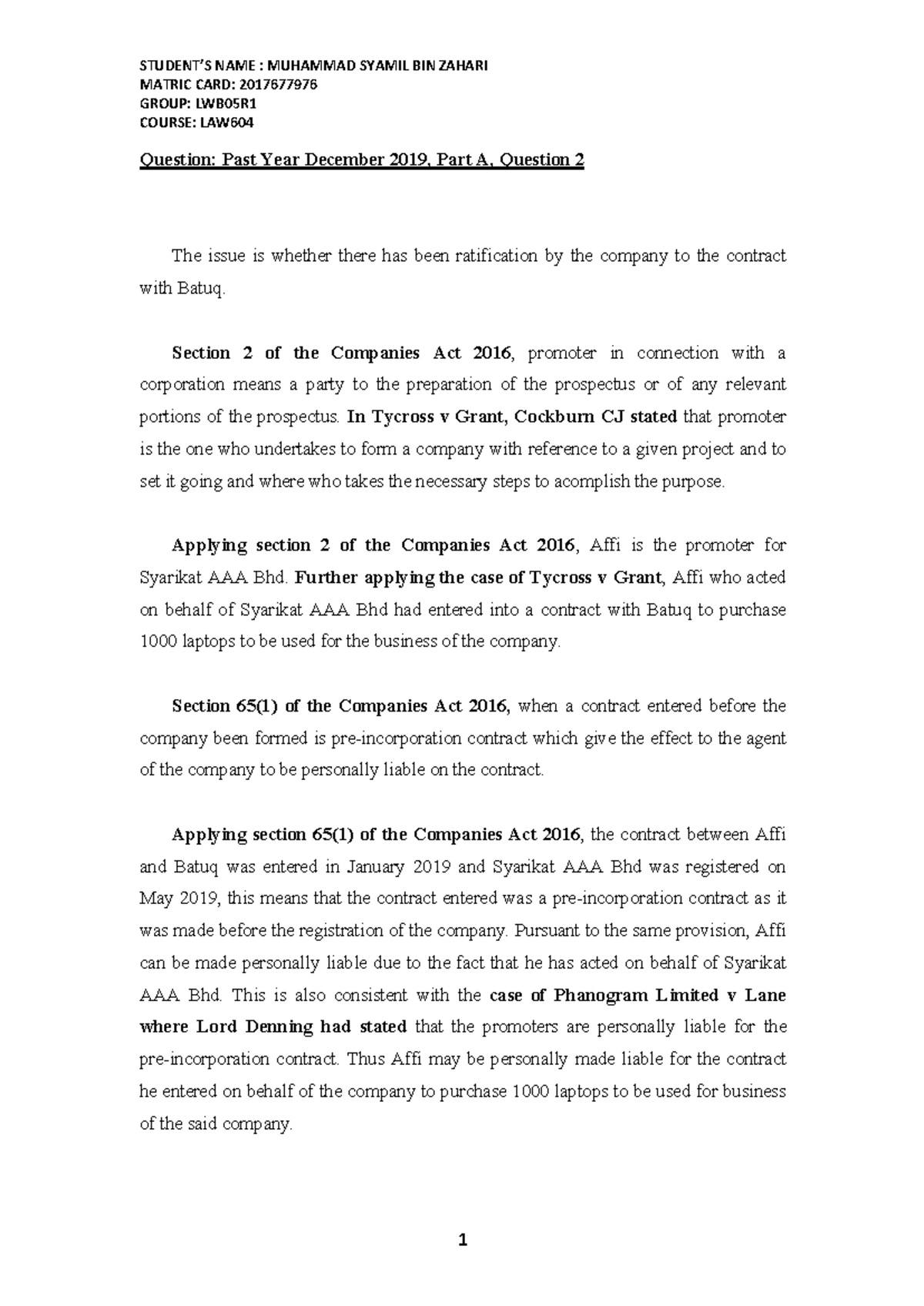 Ratification of Pre-Incorporation Contracts under LAW 2016 - Studocu