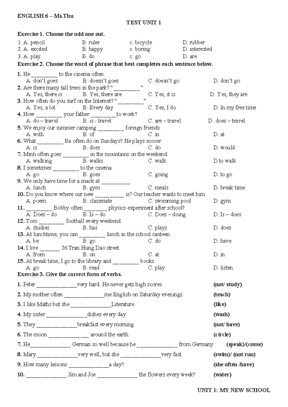 ENGLISH 6 Ms.Thu TEST UNIT 1 - Exercises for Grade 6 - Studocu