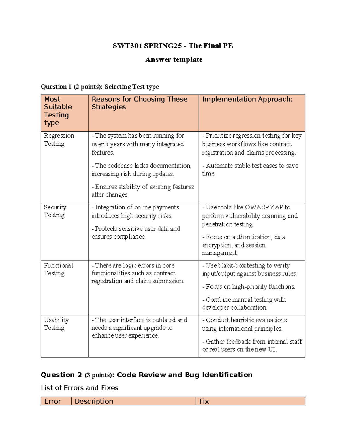 SWT301 SPRING25 Final PE Answer Template & Test Strategies - Studocu