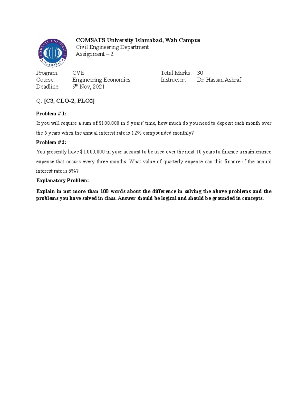 Assignment 2 - Engineering Economics (ECO200) - Due 9 Nov 2021 - Studocu