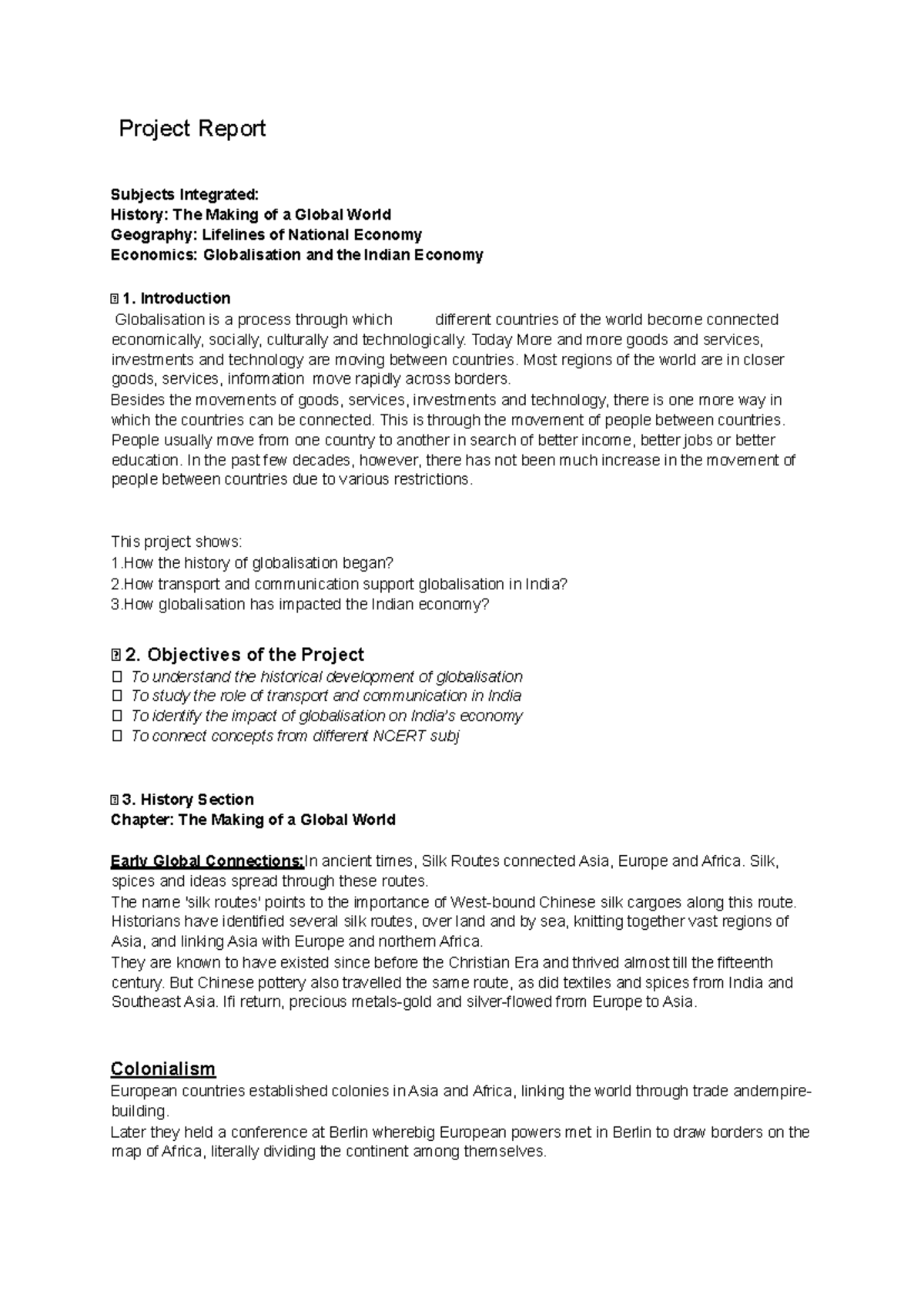 Integrated Project Report: Globalisation in History, Geography ...