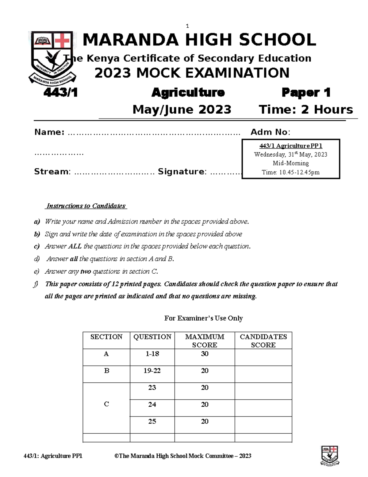Maranda High School Agriculture 2023 Mock Exam PP1 Questions - Studocu