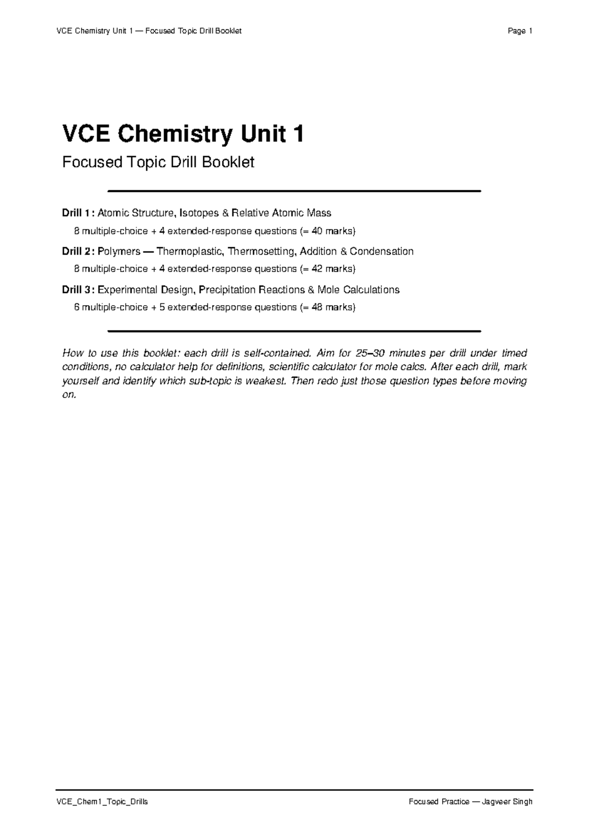 VCE_Chem1_Topic_Drills: Comprehensive Practice for Unit 1 Topics - Studocu