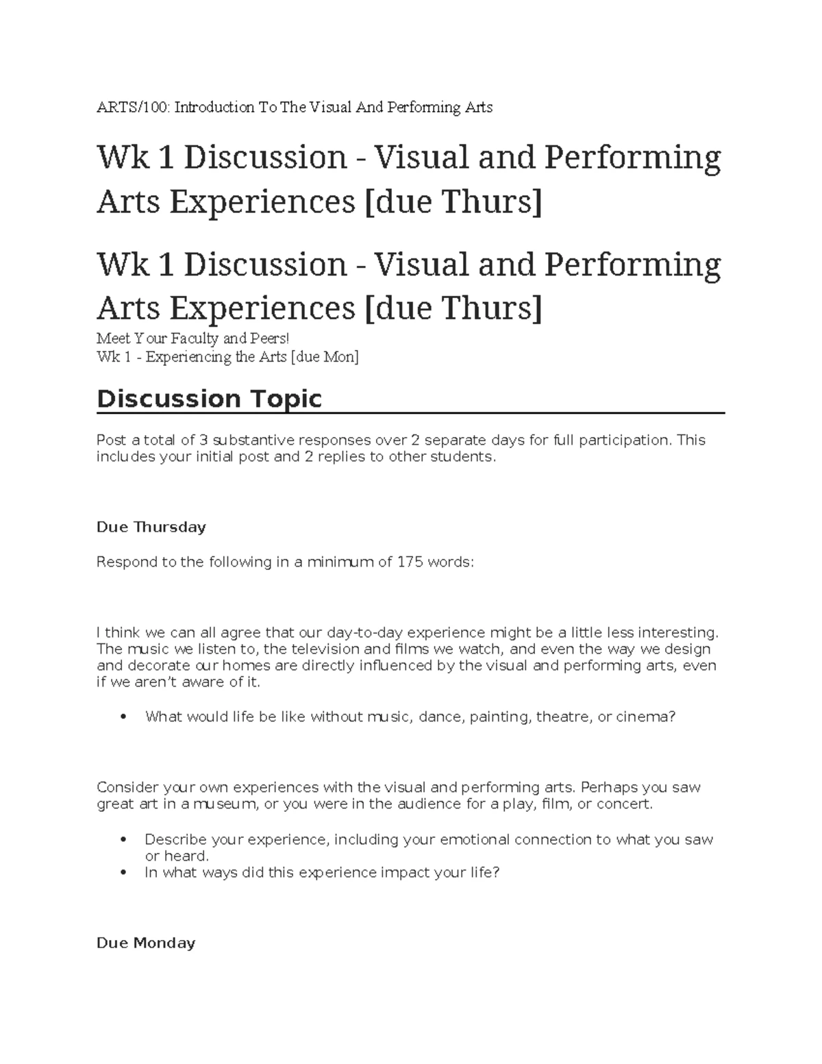 ARTS/100 Wk 1 Homework: Reflecting on Visual and Performing Arts - Studocu