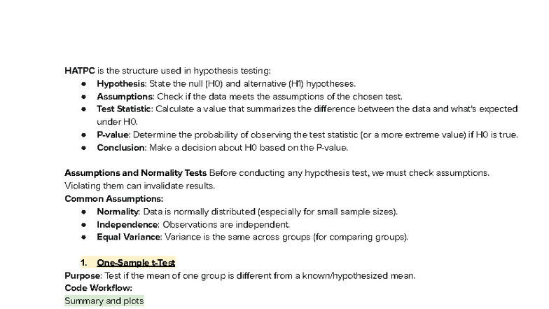 HATPC Hypothesis Testing Cheat Sheet: Null & Alternative Hypotheses - Document Preview