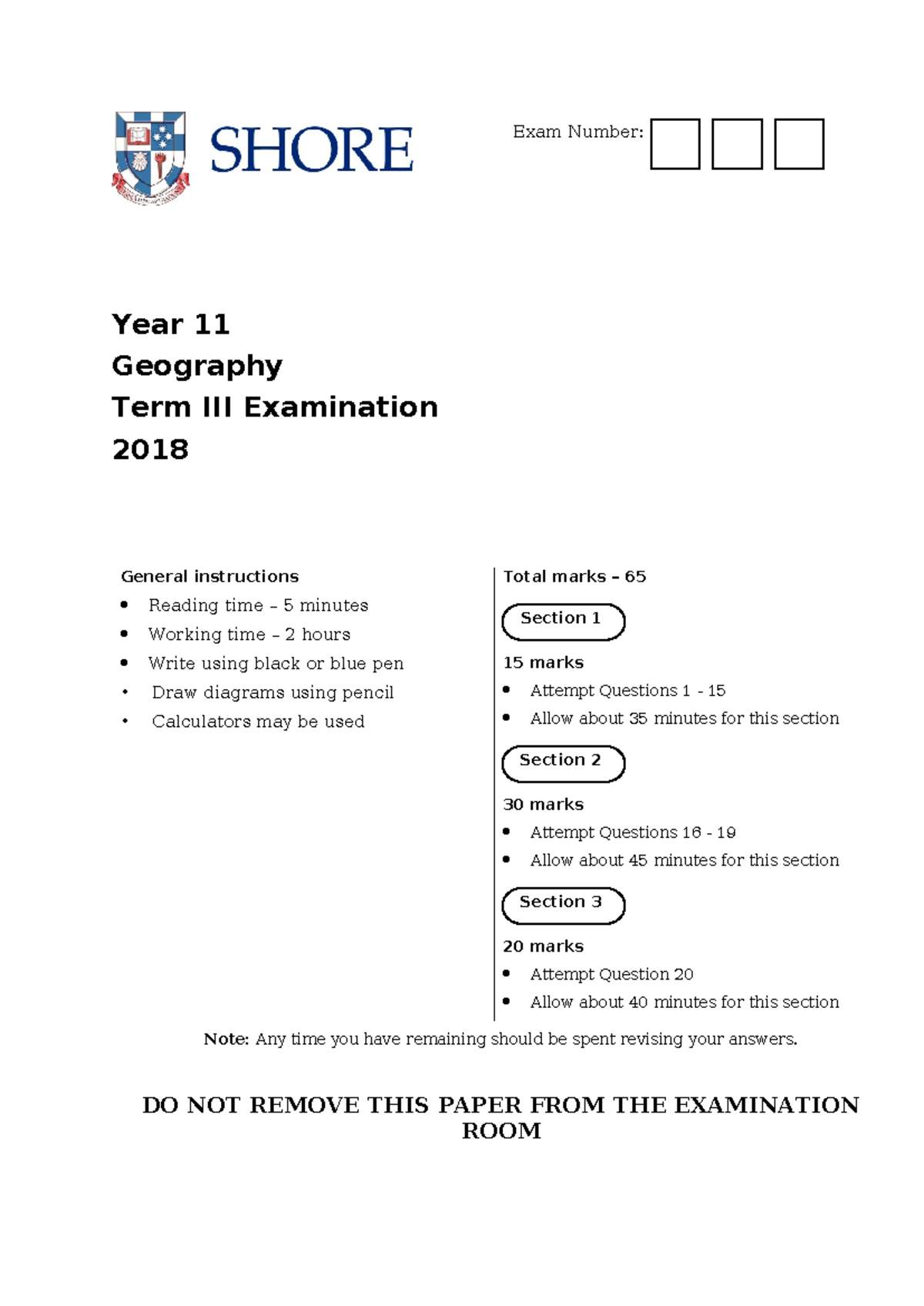 2018 Year 11 Geography Term Exam JSW - Final Exam Instructions ...
