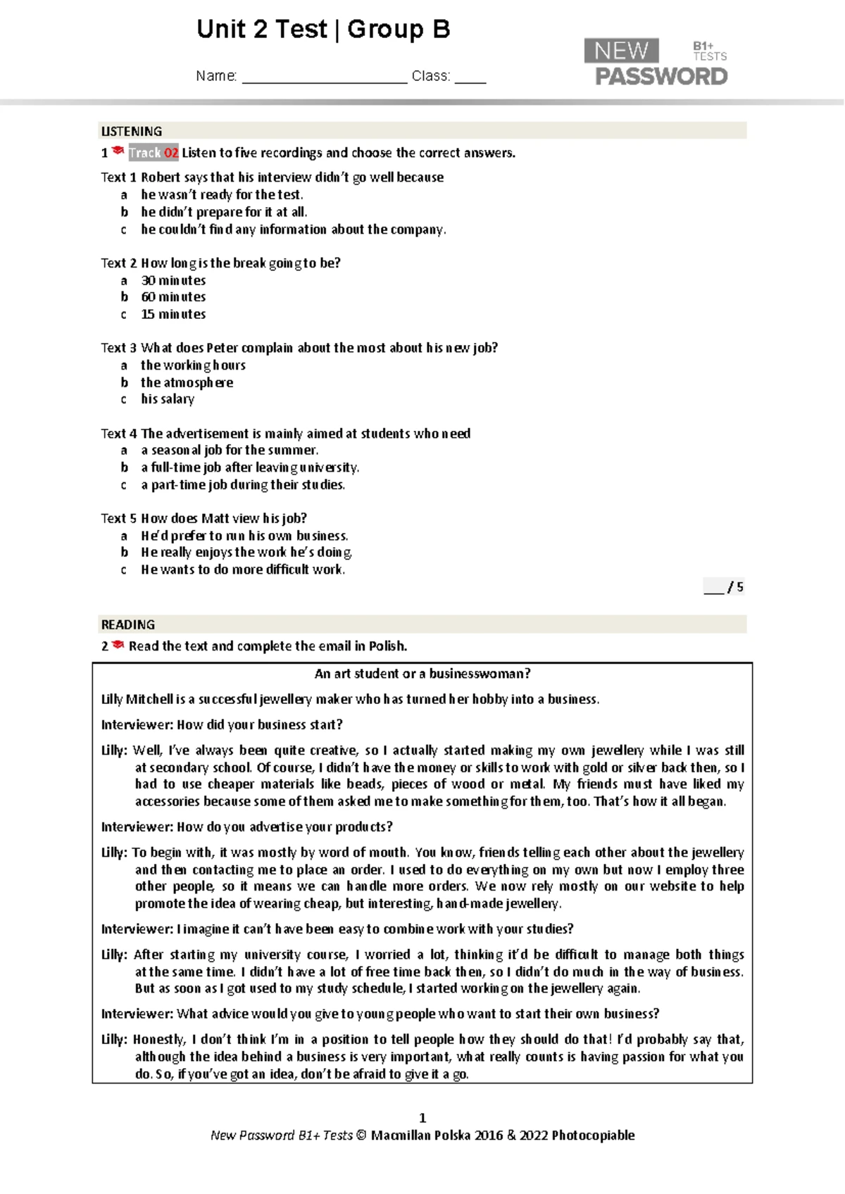 Together kl5 U8 Unit Test Standard B - Listening, Vocabulary, Grammar ...