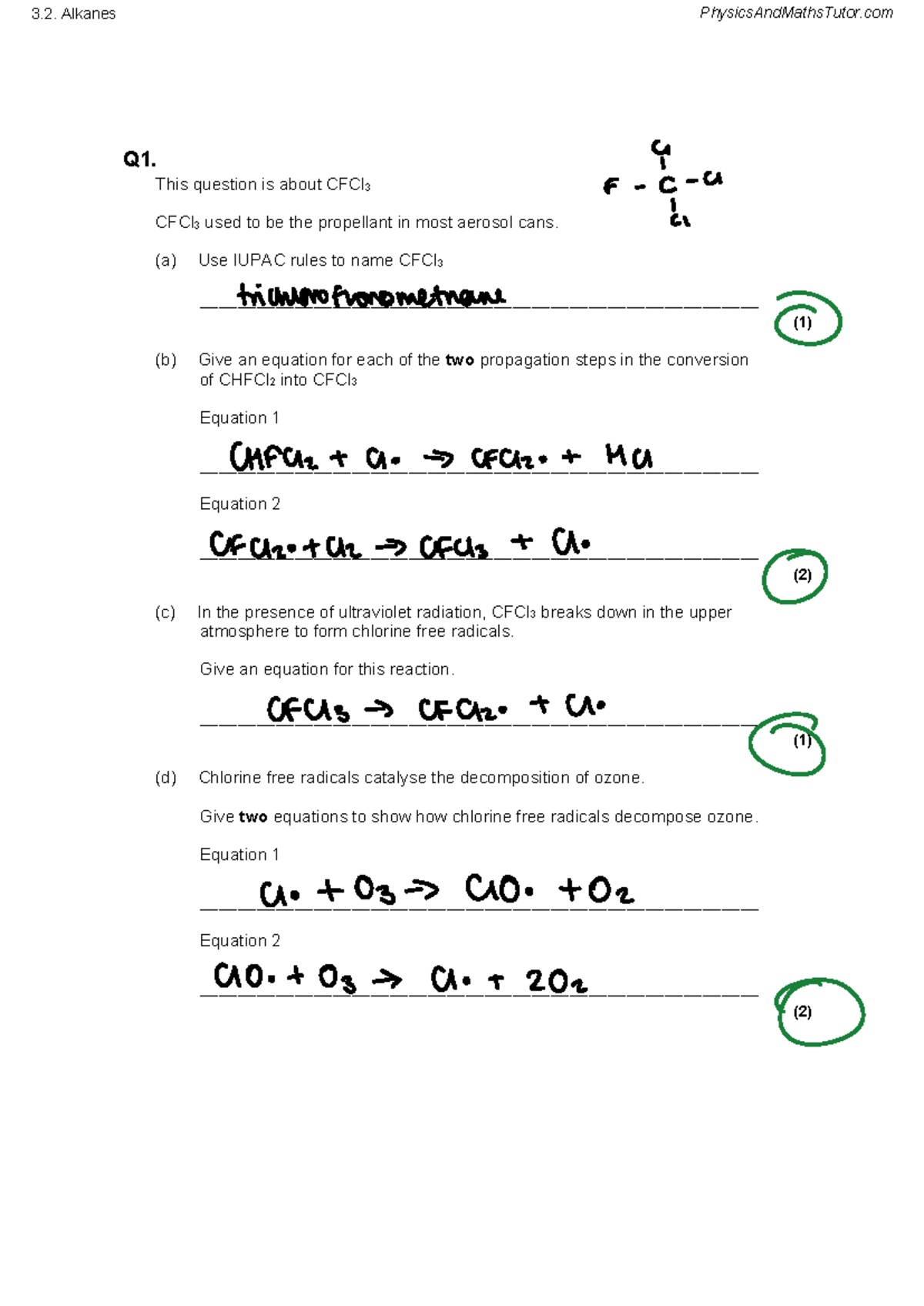 Alkanes QP - MCQ on CFCl3 and Environmental Impact - Studocu