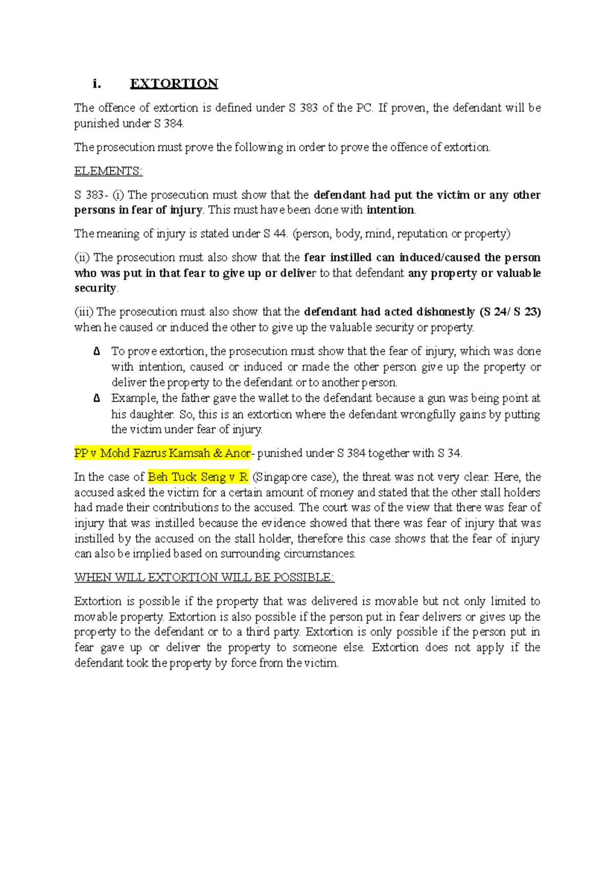 Criminal Law Notes: Extortion & Robbery Analysis (Law 101) - Studocu
