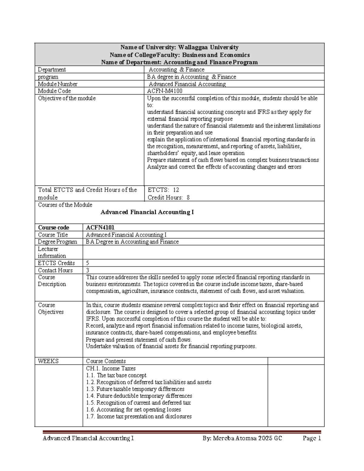 Course Outline: ACFN4101 Advanced Financial Accounting I - 2025 - Studocu