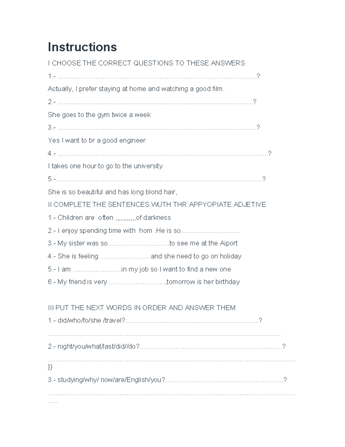 QUIZ - Instructions for Answering Questions and Completing Sentences ...