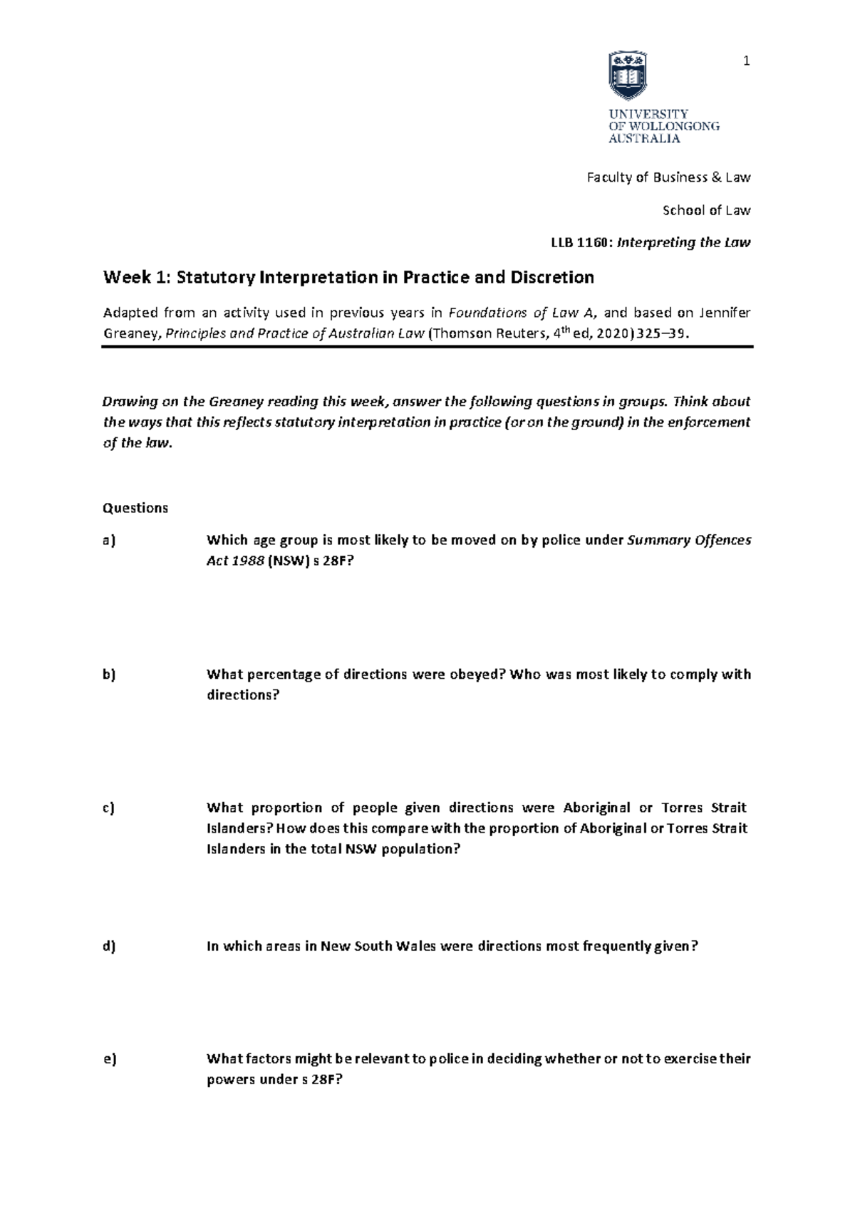 LLB 1160: Week 1 Activity - Statutory Interpretation in Practice - Studocu