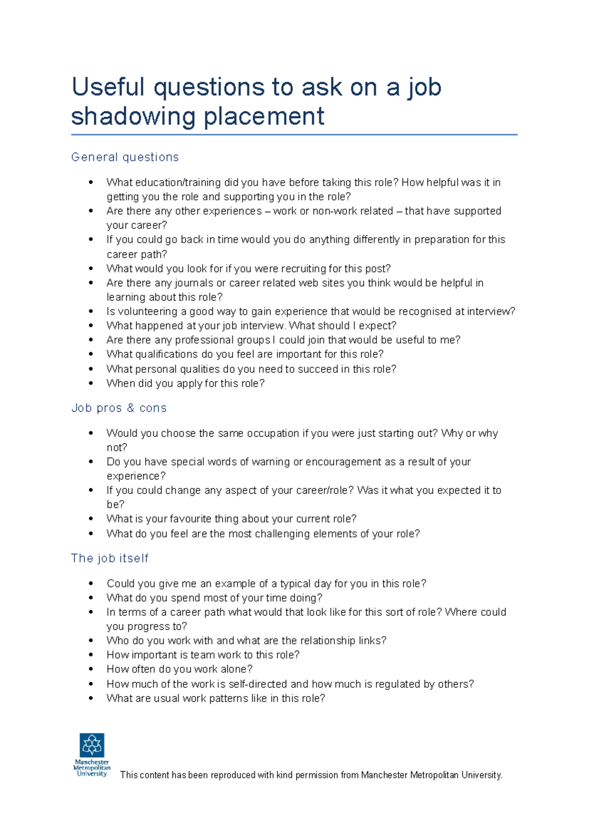Job Shadowing Placement: Essential Questions to Ask - Studocu