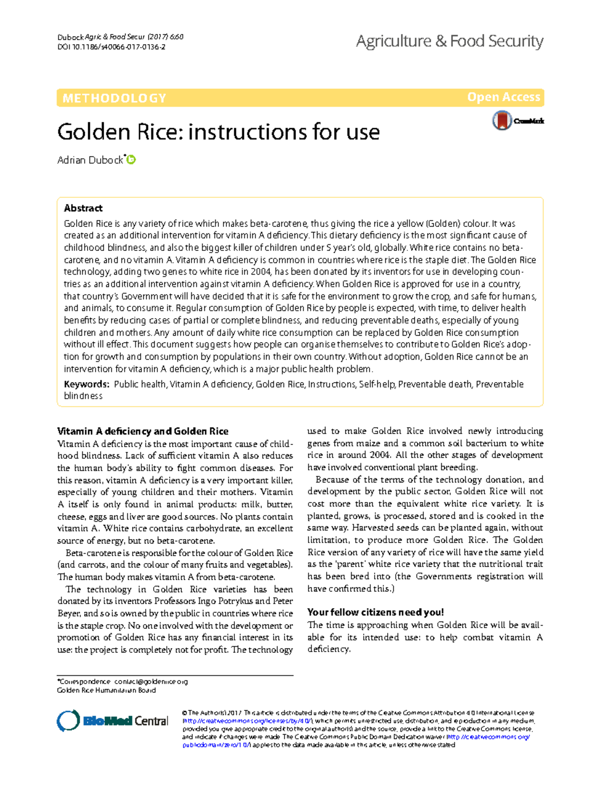 Golden Rice: A Public Health Approach to Combat Vitamin A Deficiency ...