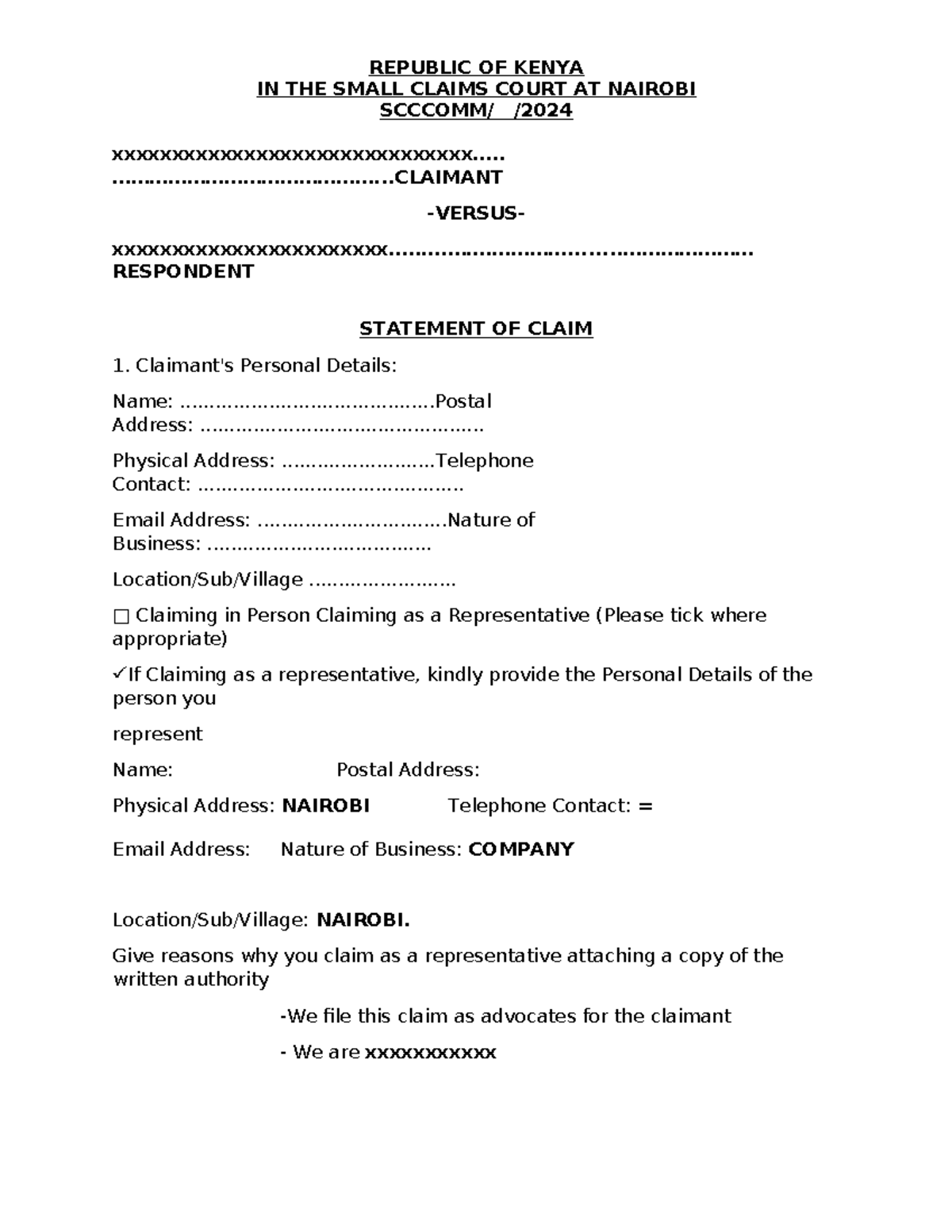 Statement of Claim in SCCCOMM Case - Small Claims Court Kenya - Studocu