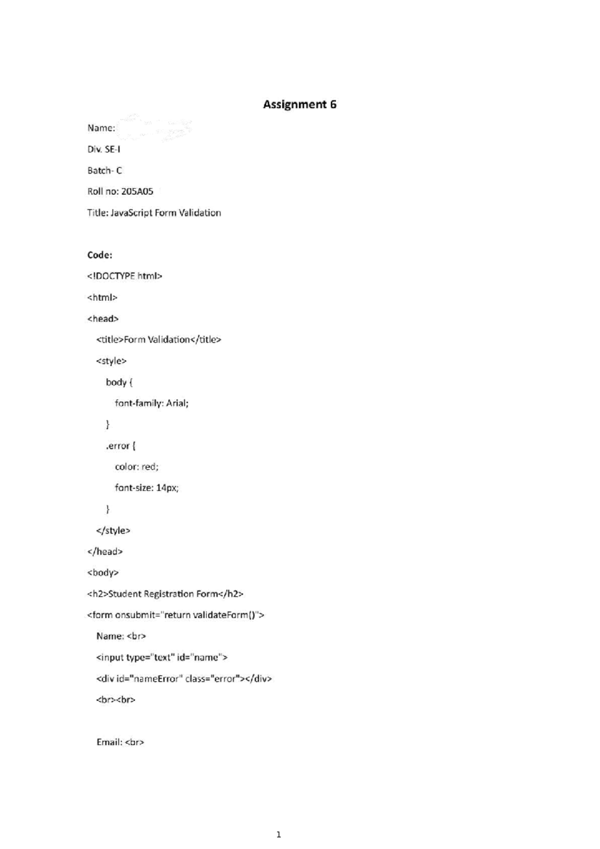 Assignment 6: JavaScript Form Validation for Div. SE-I Batch C - Studocu