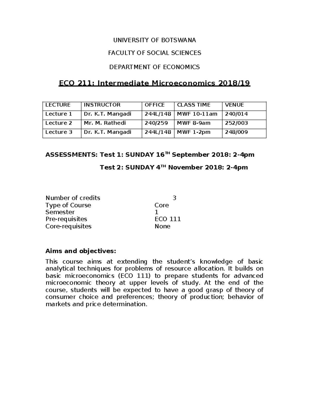 ECO 211: Intermediate Microeconomics Course Outline 2018 - Studocu