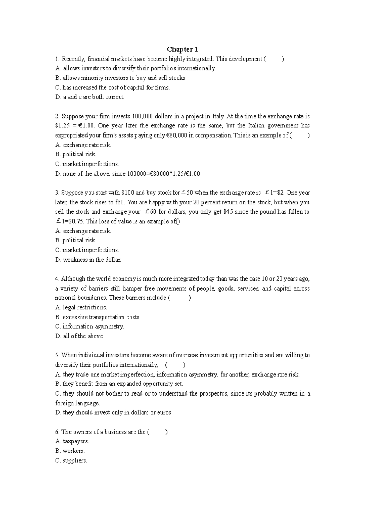 Chapter 1 Assignment Practice: Financial Markets and Risks Analysis ...