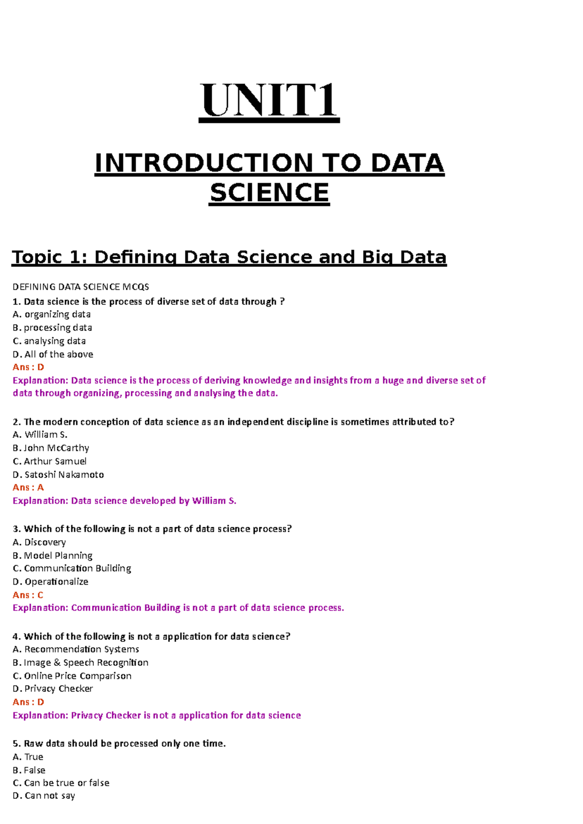 6 Units Combined - Lecture notes - UNIT INTRODUCTION TO DATA SCIENCE ...