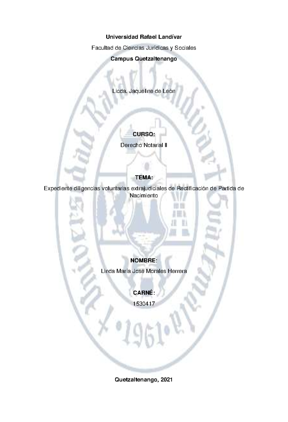 Acta Notarial de Rectificación de Partida de Nacimiento - Derecho Notarial II - Document Preview