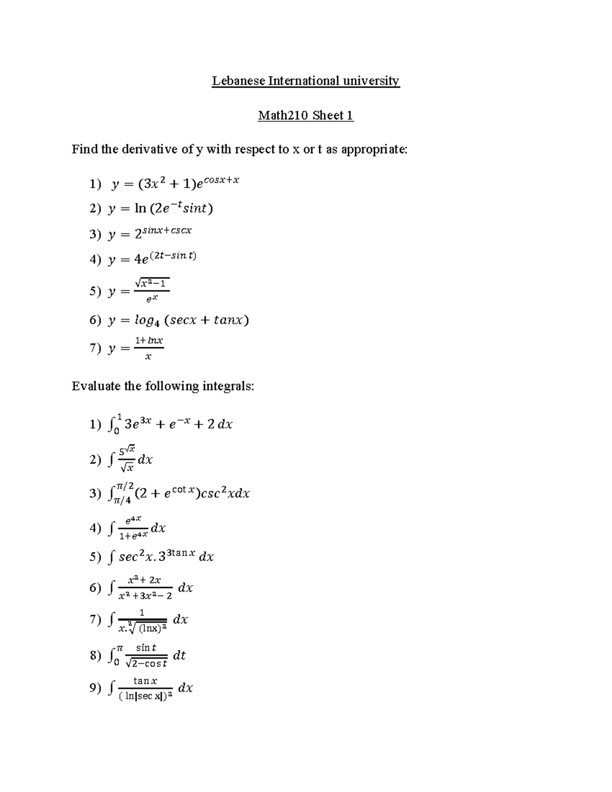 Math210 Final Exam: Derivatives and Integrals Practice Sheet - Studocu