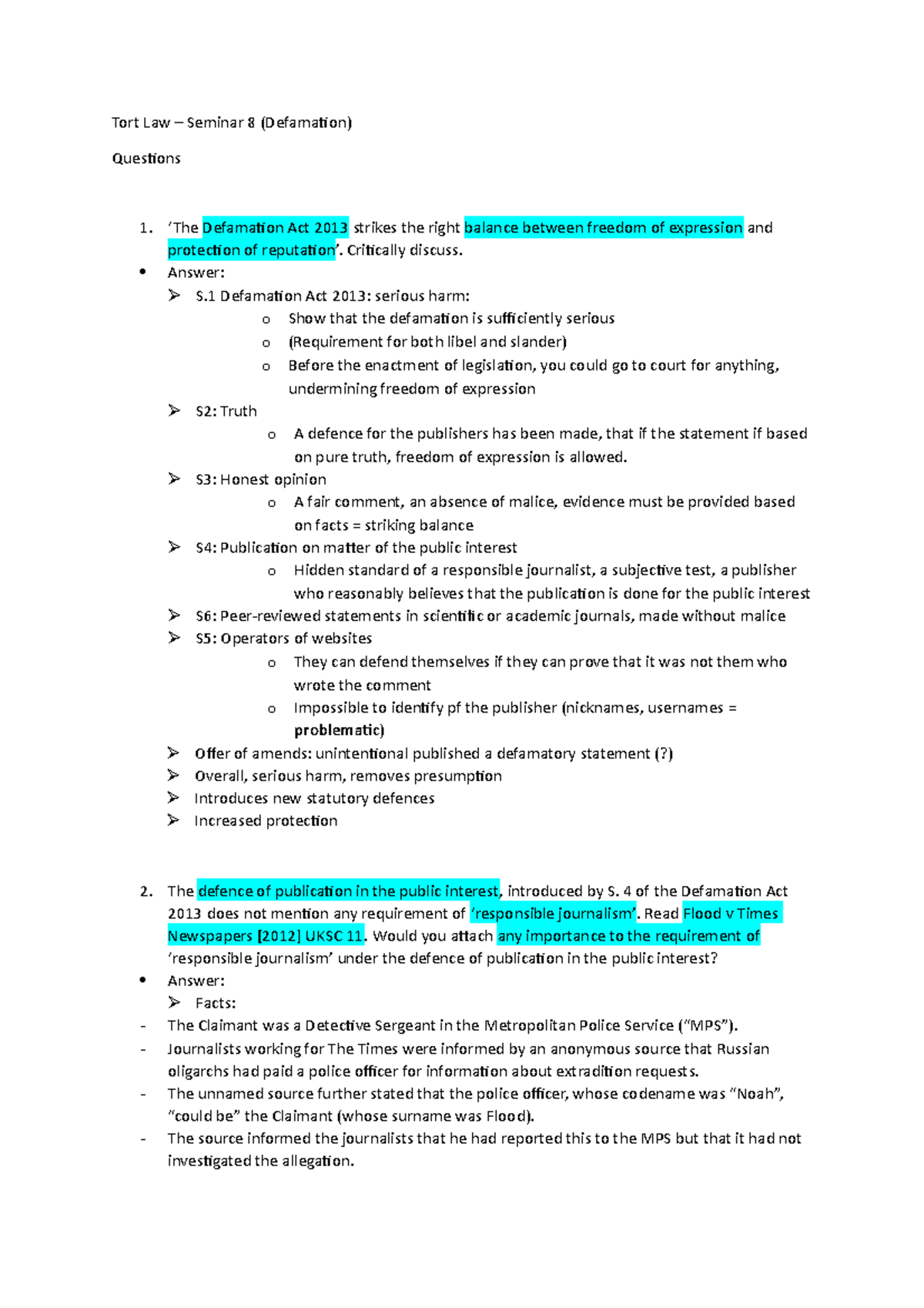 Tort Law - Seminar 8 - Defamation Act Analysis and Case Discussions ...