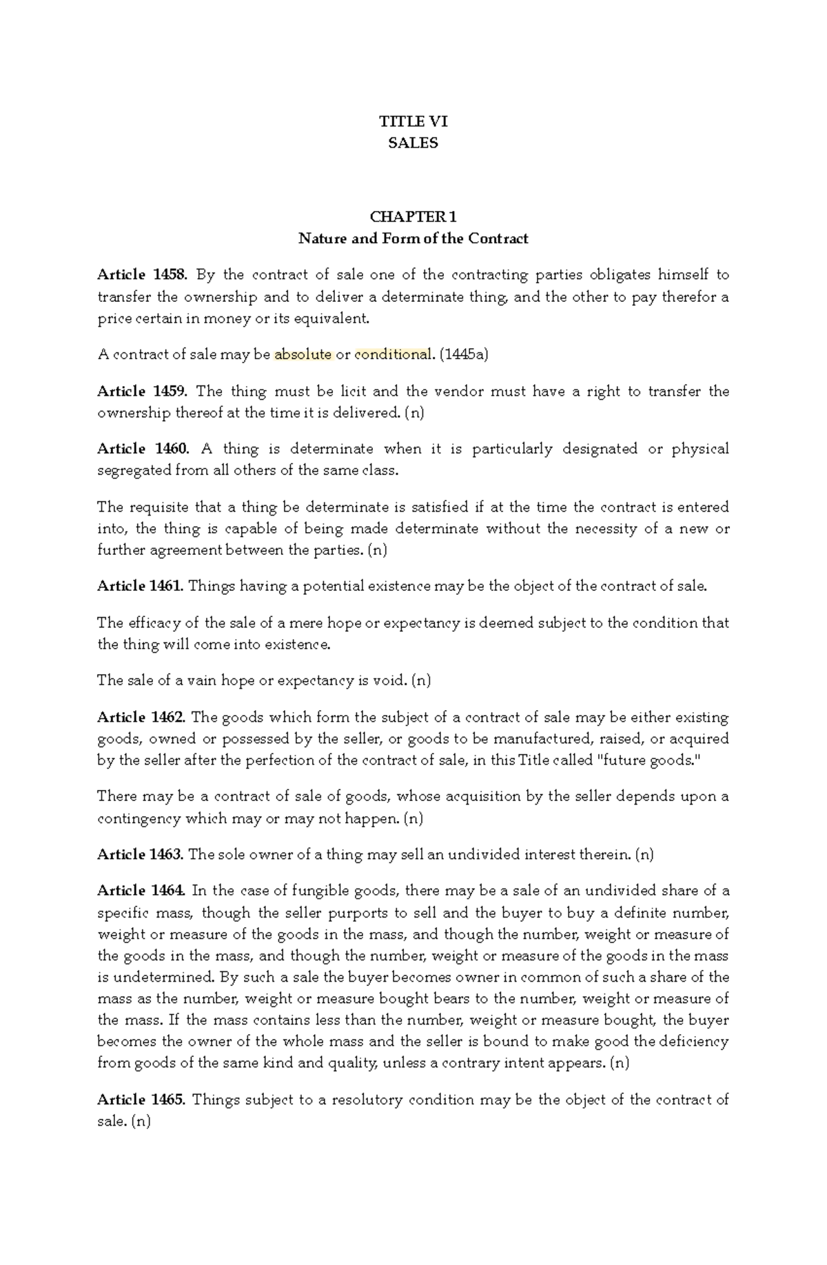 LAW 101: Sales Chapter - Nature and Form of the Contract - Studocu