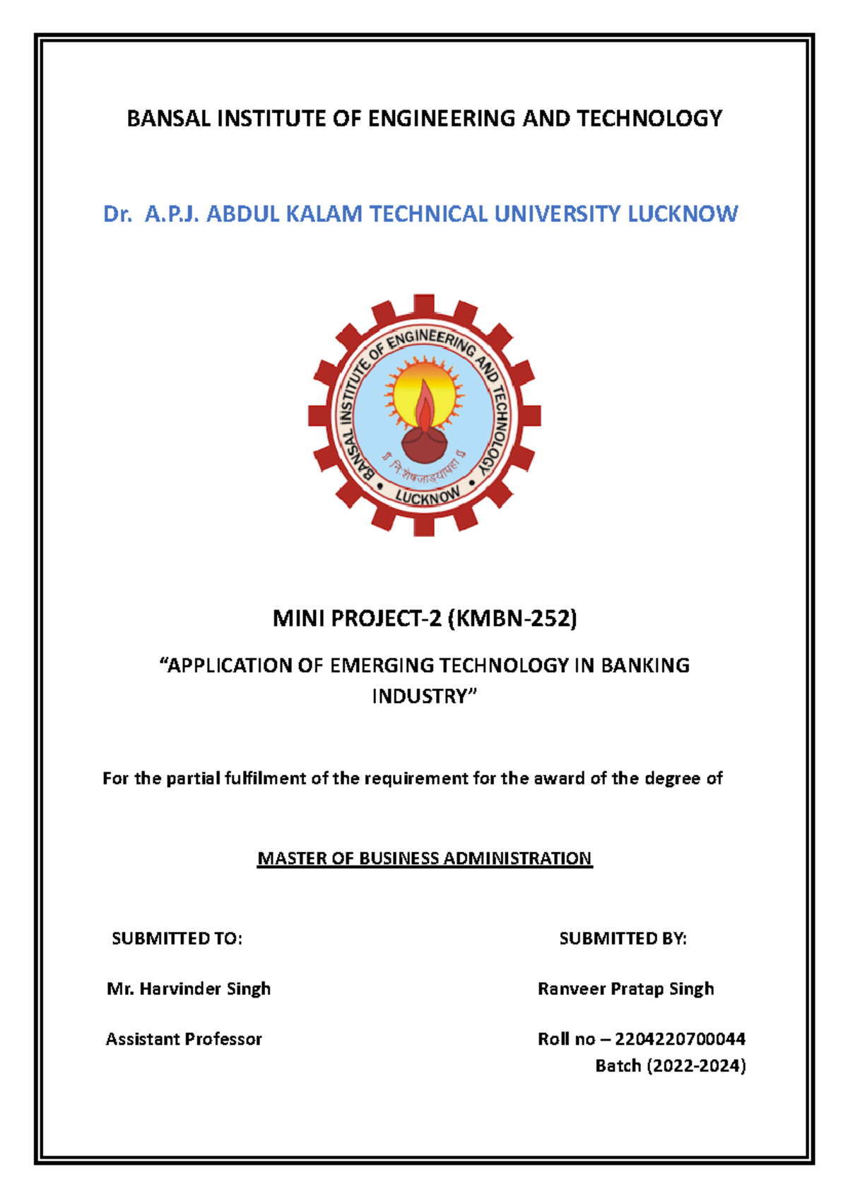 Mini Project-2 (KMBN-252): Application of Emerging Tech in Banking ...