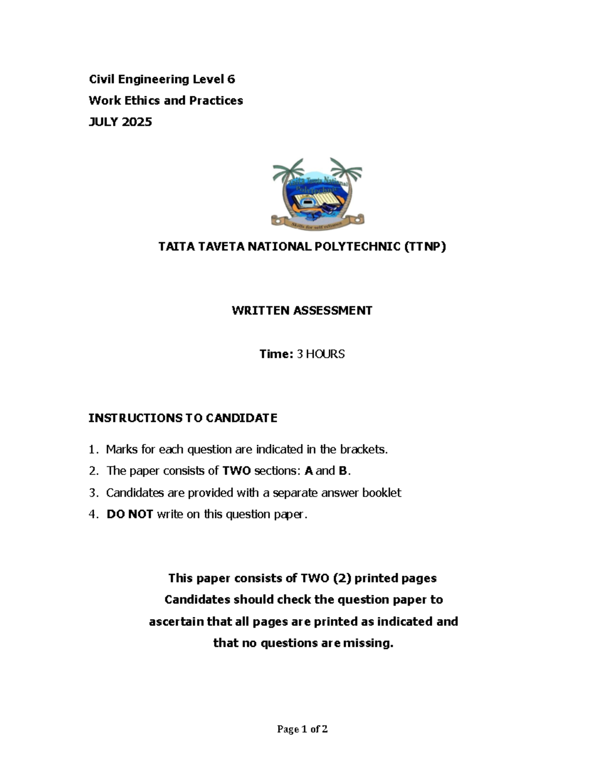 Civil Engineering Level 6 Work Ethics Exam - JULY 2025 - Studocu
