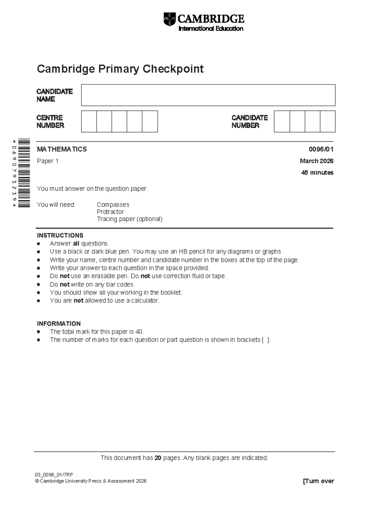 Cambridge Primary Checkpoint Mathematics Paper 1 March 2026 - 45 Min Exam - Document Preview