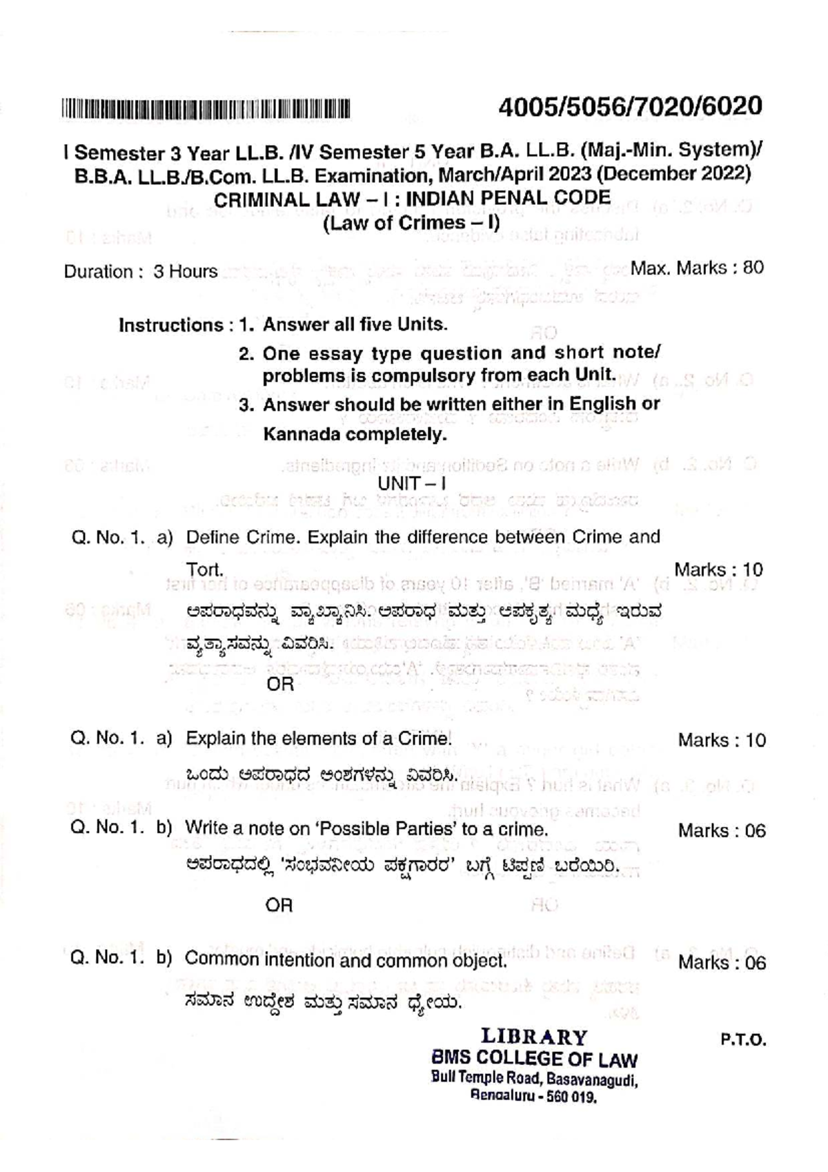 Criminal Law I: Indian Penal Code - Exam Paper (LL.B. Semester 5, Dec ...