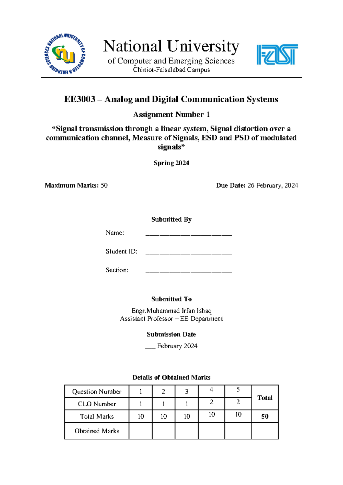 EE3003 Assignment #1: Signal Transmission and Distortion Analysis - Studocu