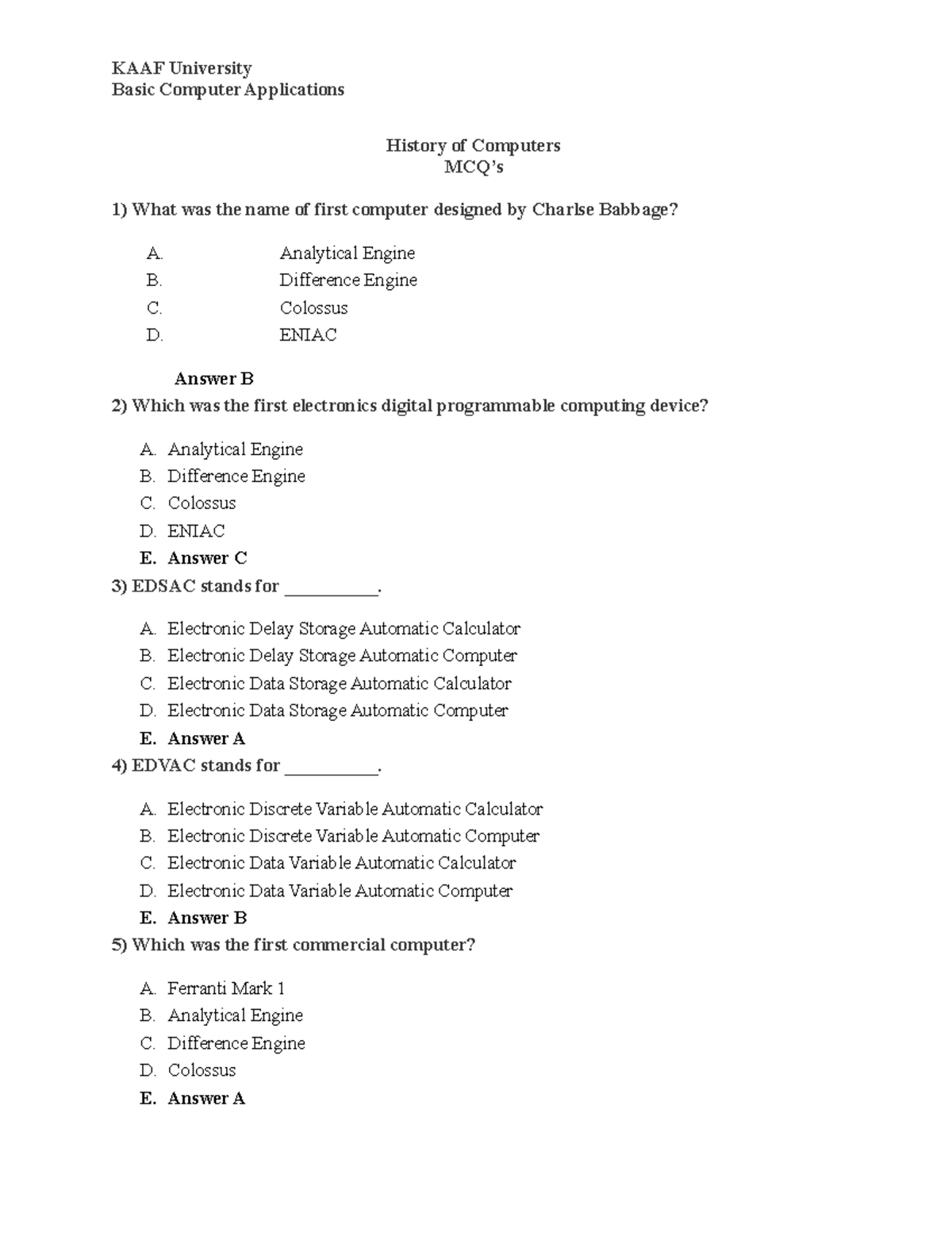 History of Computers MCQ's - Basic Computer Applications Notes - Studocu