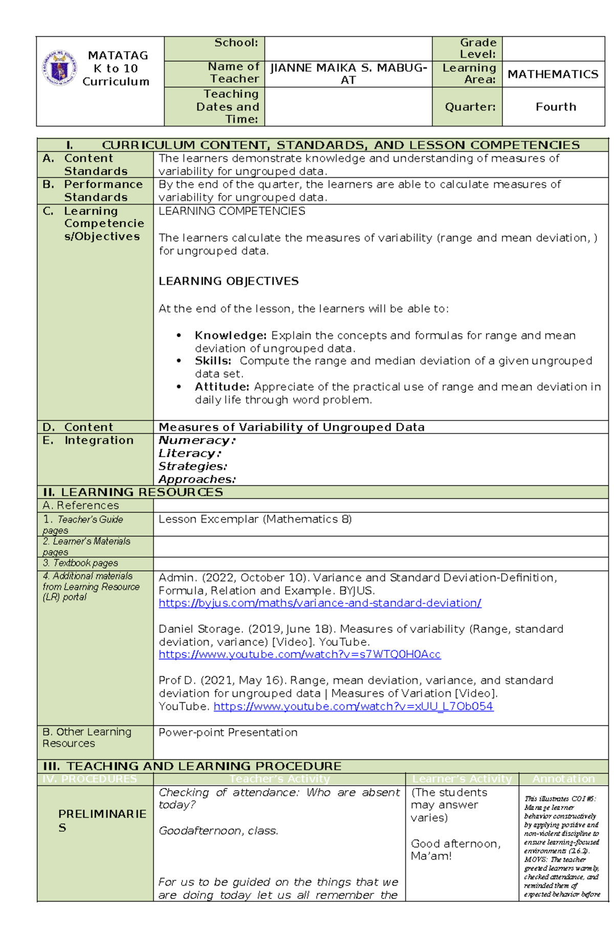 Detailed Lesson Plan for Grade 8 Mathematics: Measures of Variability ...
