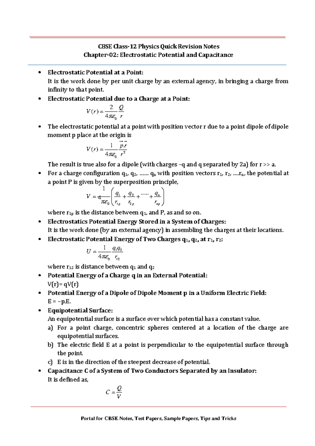 Chapter 2 Electrostatic Potential and Capacitance - Portal for CBSE ...