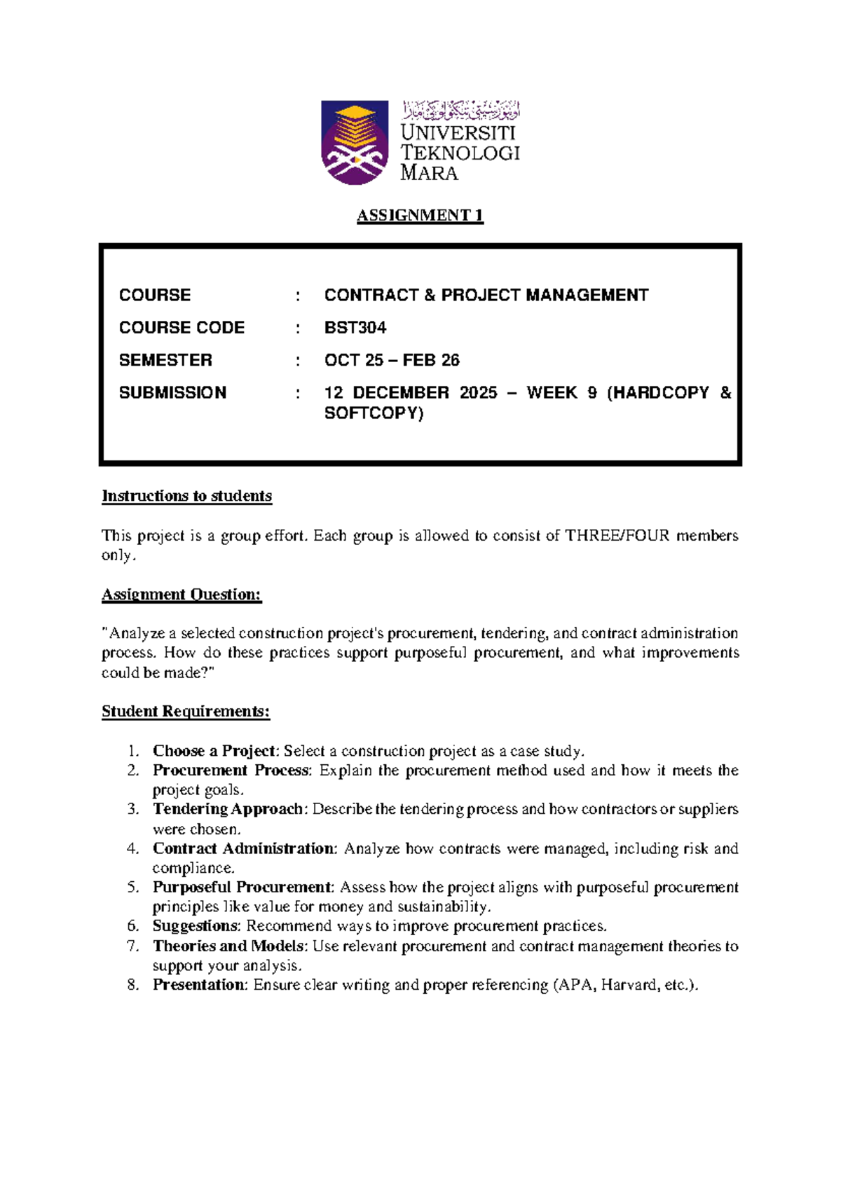 Assignment 1: Contract Management in Construction Procurement (BST304 ...