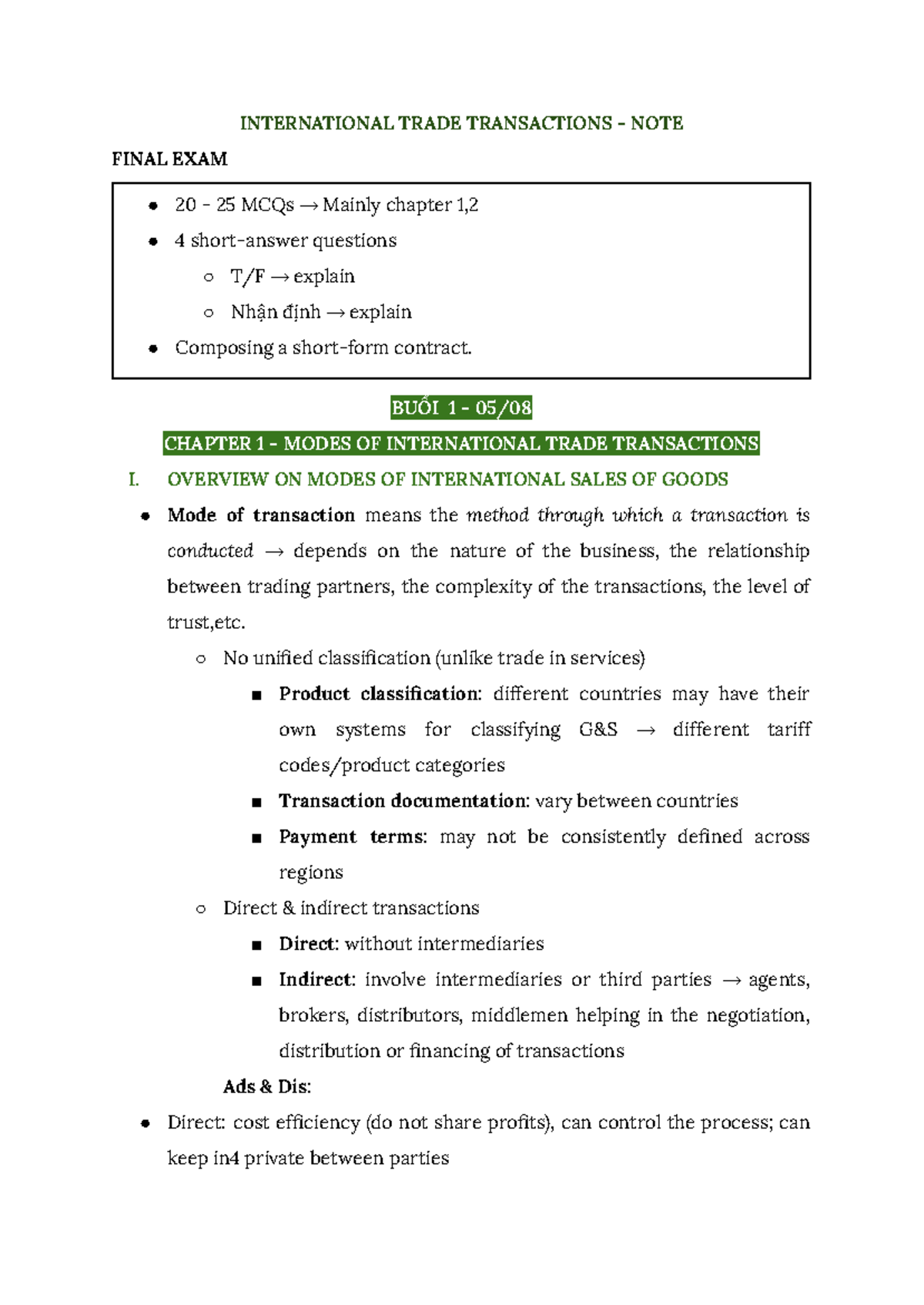 INTERNATIONAL TRADE TRANSACTIONS FINAL EXAM NOTES GDTMQT 2025 - Studocu