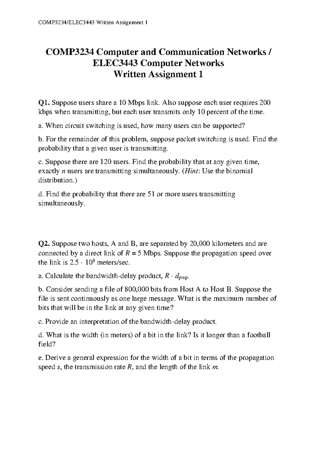 COMP3234/ELEC3443 Written Assignment 1 - Networking Concepts and ...
