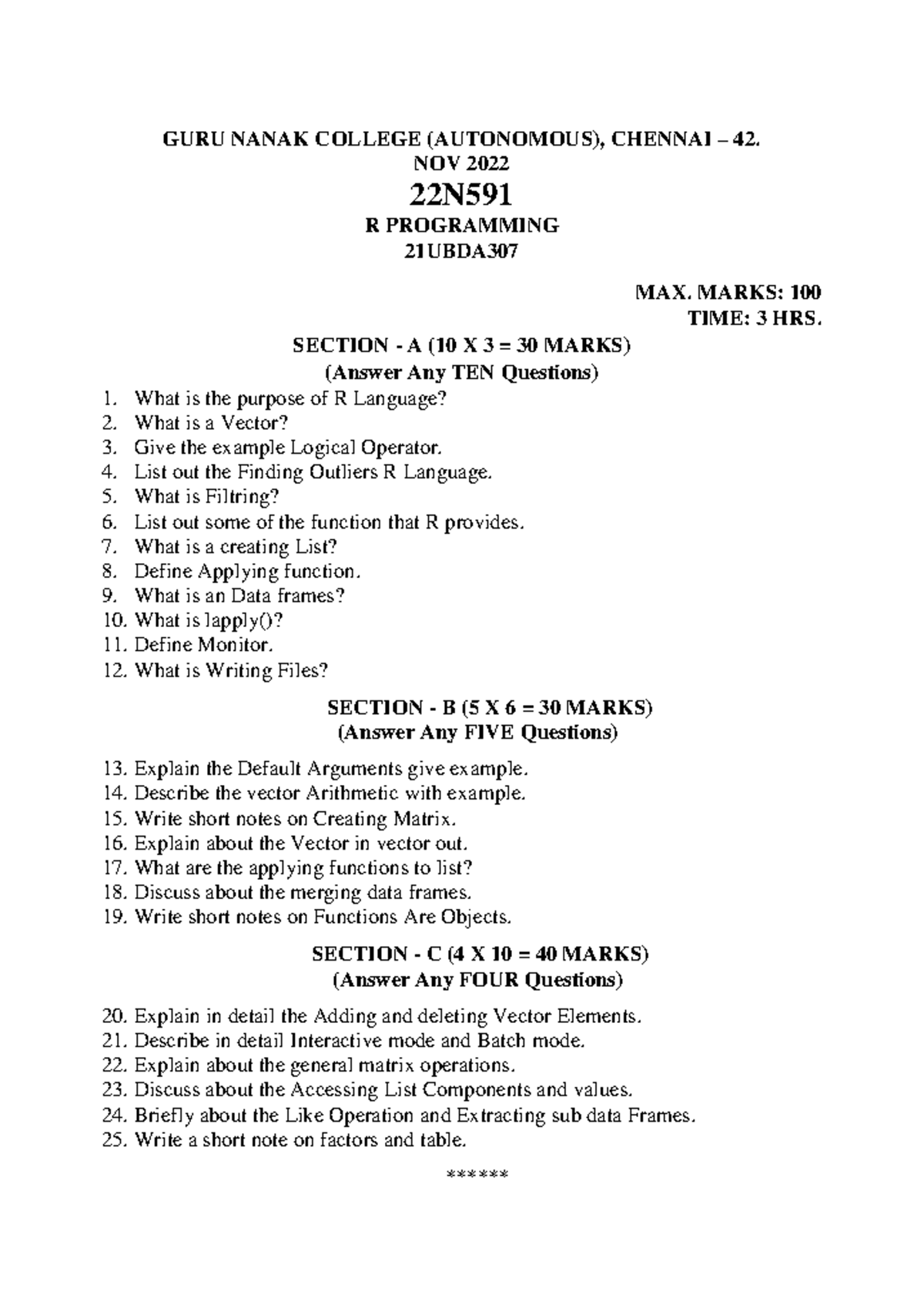 R Programming 21UBDA307 Final Exam Questions and Answers - Studocu
