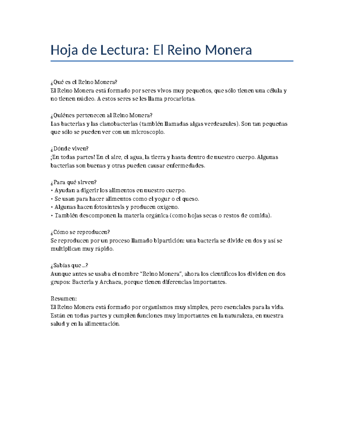 Hoja de Lectura: Importancia y Características del Reino Monera - Studocu