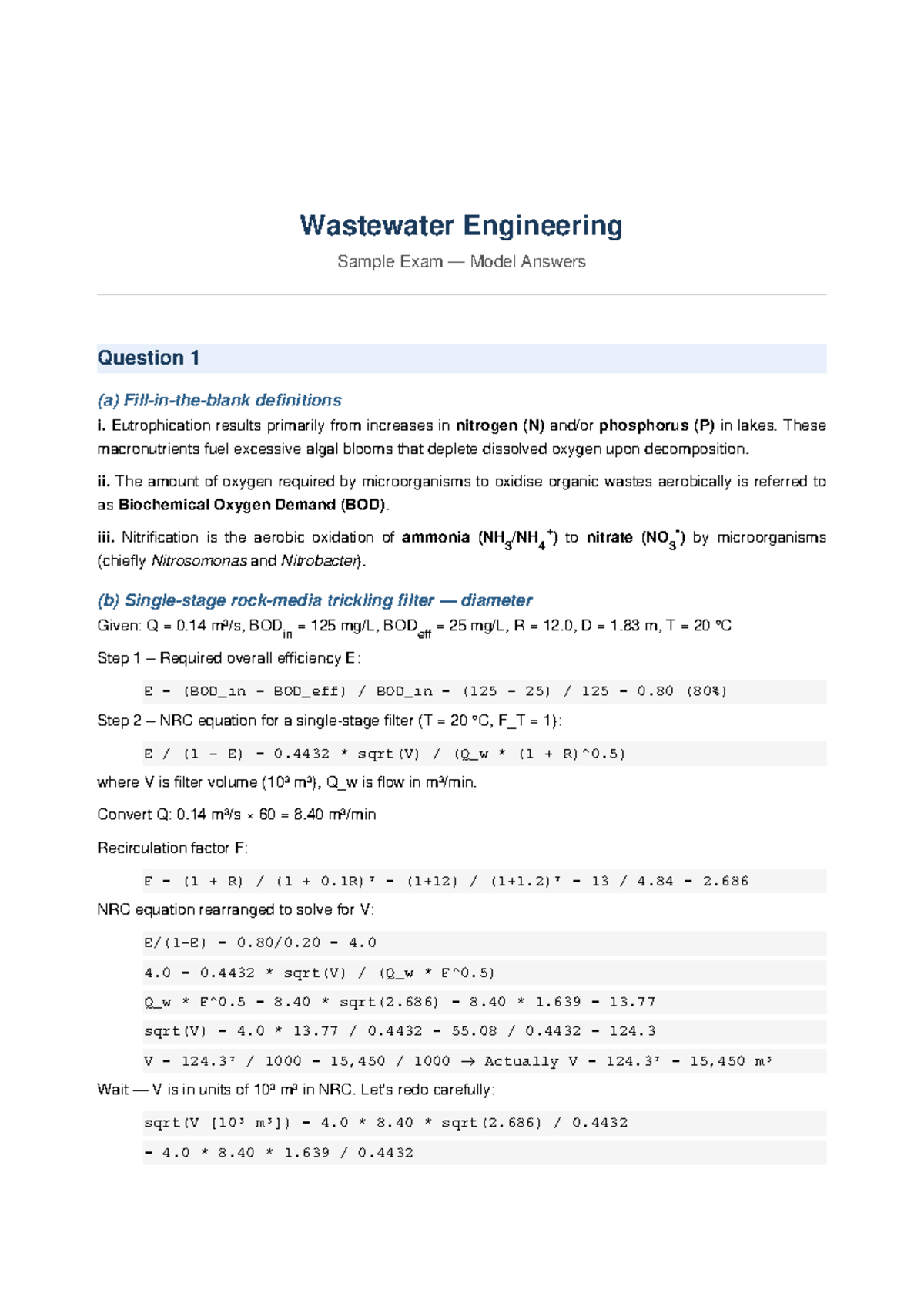 Wastewater Engineering (CIV 301) Sample Exam Model Answers - Studocu