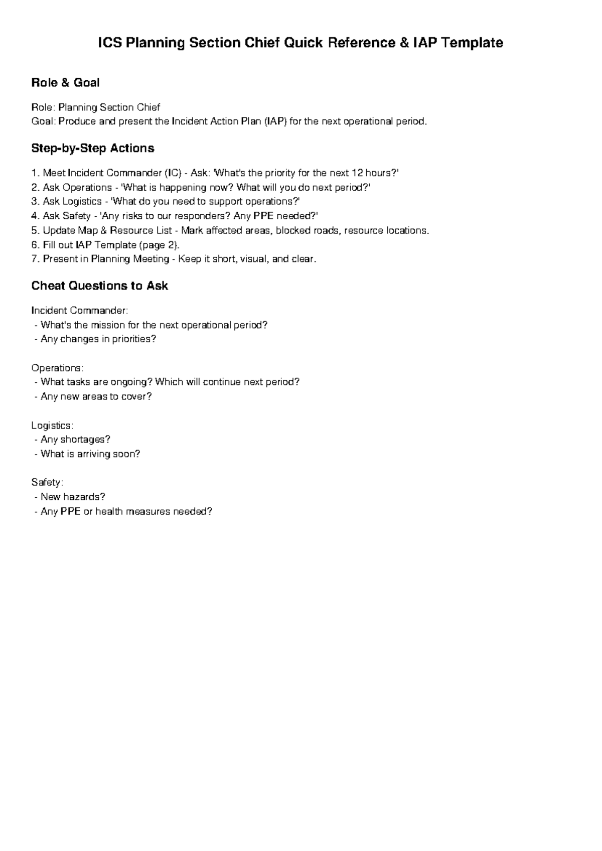 ICS 202 Planning Section Chief IAP Template Quick Reference Guide - Studocu