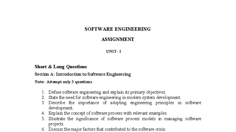 SOFTWARE ENGINEERING ASSIGNMENT I: Short & Long Questions - Studocu