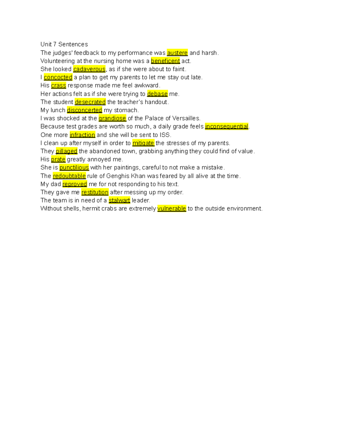 Unit 7 Vocabulary Sentences and Examples - Studocu