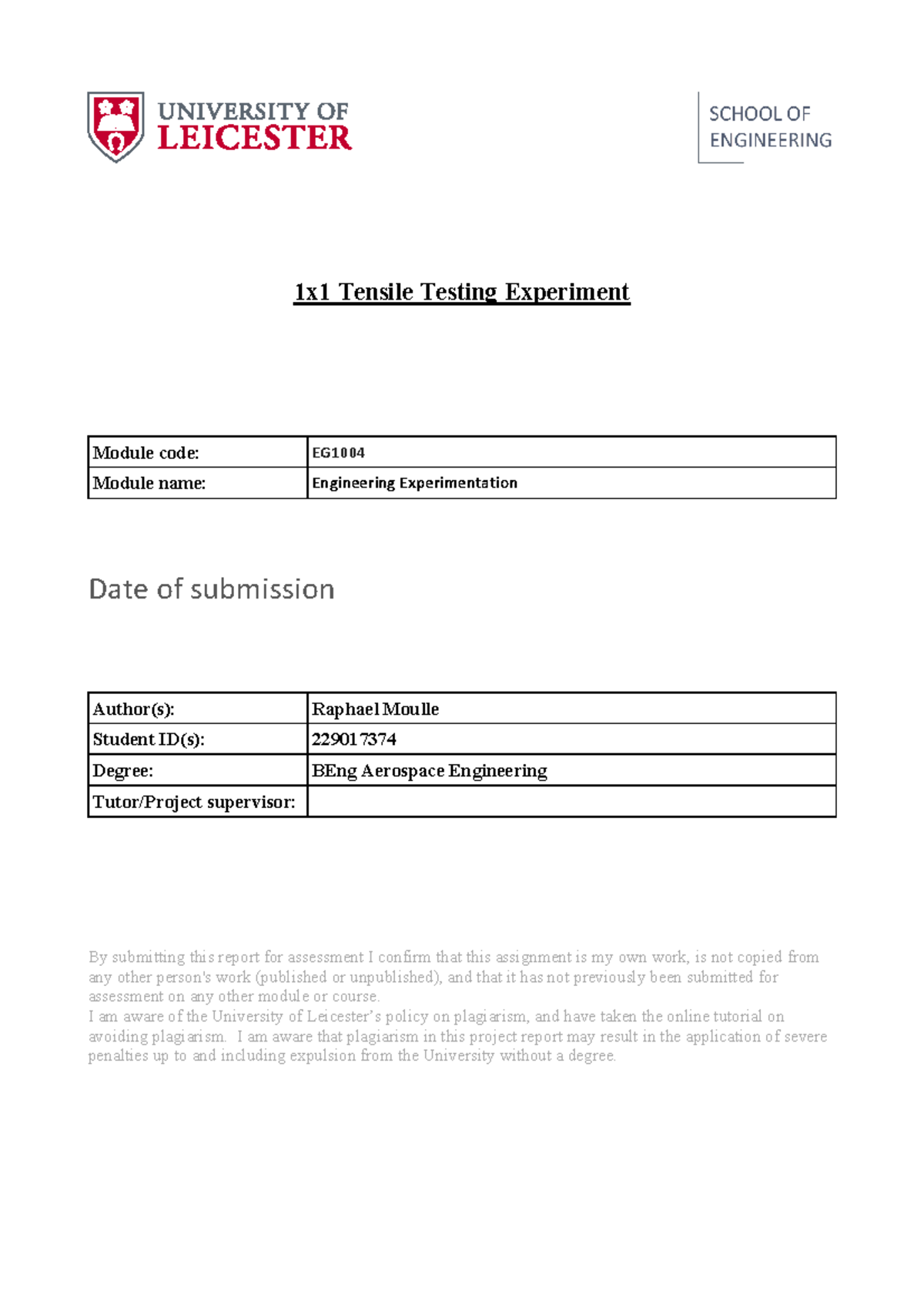 Title: EG Engineering Experimentation: 1x1 Tensile Testing Report by R ...