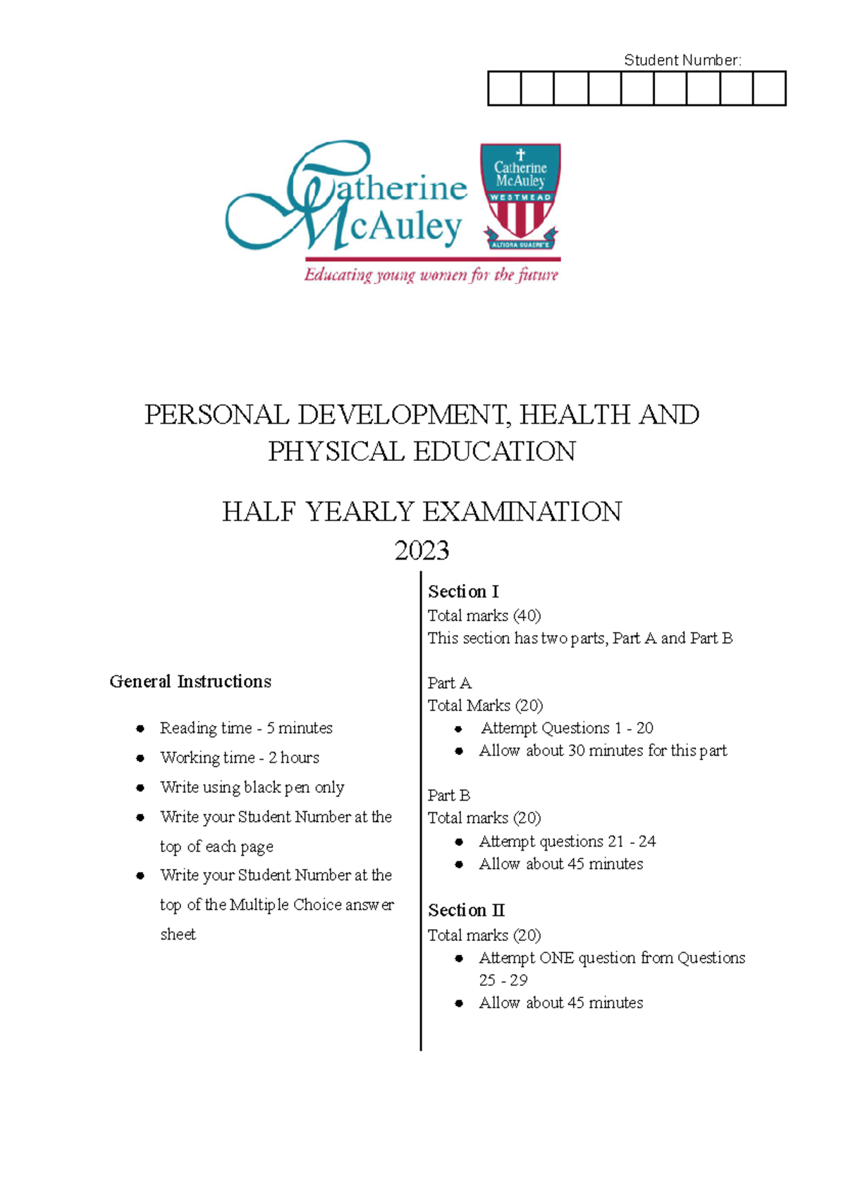 12 Pdhpe Half Yearly Exam - PERSONAL DEVELOPMENT, HEALTH AND PHYSICAL ...